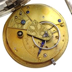 George III silver pair cased verge fusee pocket watch by W E Carter, Ripon, No. 2018, white enamel dial with Arabic numerals, pierced and engraved balance cock decorated with a mask, case by Thomas Gibbard, London 1802 and one other silver lever pocket watch, case by Robert John Pike, London 1874