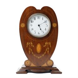 Edwardian- 8-day heart-shaped mahogany bedside table clock with decorative contrasting inl...