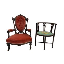 Victorian walnut framed armchair, the cresting rail carved with flower head motif, upholstered seat back and arms (W65cm, H95cm), together with and a small inlaid chair 
