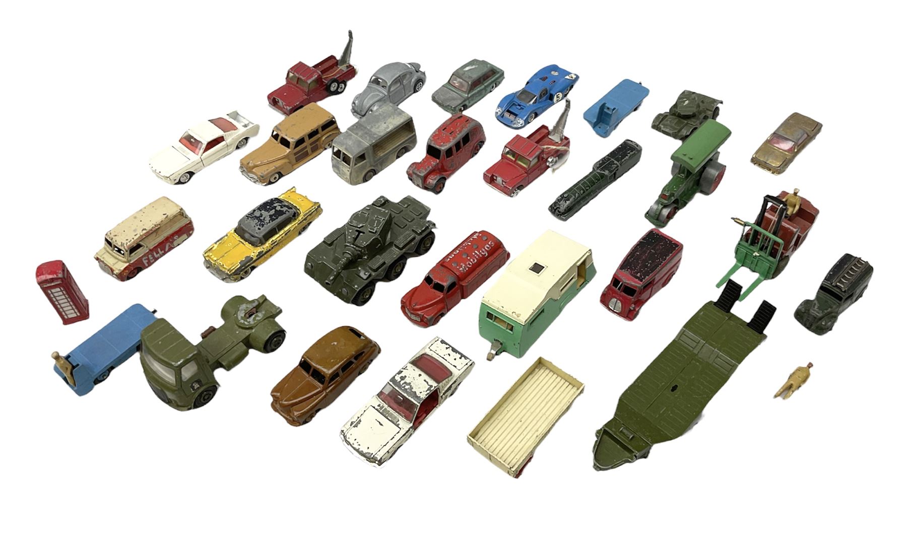 Dinky/Corgi - twenty-nine unboxed and playworn die-cast models including Mobilgas Tanker, two BEV Trucks, Aveling-Barford steam roller, Coventry Climax fork-lift, Hudson Hornet, Vanguard, Post Office Telephones Van, Royal Mail Van etc