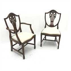  Set eight 20th century mahogany Hepplewhite style dining chairs, shaped cresting rail, pierced splat, drop in upholstered serpentine seats, square reeded tapering supports on spade feet, W57cm  