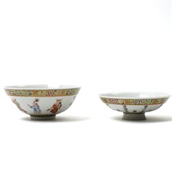 Qianlong style gaiwan bowl and cover, decorated to cover with a poem, and to the bowl with various figures, apocryphal zhuanshu mark to base, H8cm 