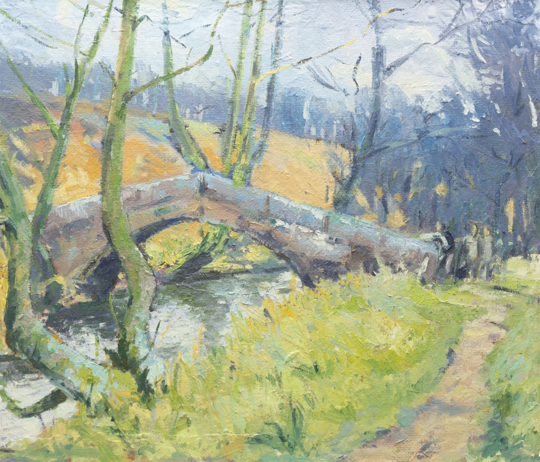 Barry De More (Yorkshire 1948-2023): 'Bridge Near Howarth', oil on canvas board signed, inscribed verso 45cm x 53cm
Provenance: consigned by the artist's widow