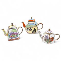 Ten Charlotte de Vita for Trade plus Aid miniature hand-painted enamel teapots, designs comprising The Kiss, Peter Rabbit, Dancing Girls, Catkins etc; and one other painted enamel teapot, largest H9.5cm (11)