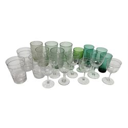 Quantity of Victorian and later glassware to include green glasses, engraved Edwardian glasses, soda glass etched with ships etc