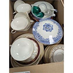 Royal Doulton Carlyle dinner wares, heavy glass candlesticks, punch bowl and lidded jars and other ceramics and glassware, in five boxes