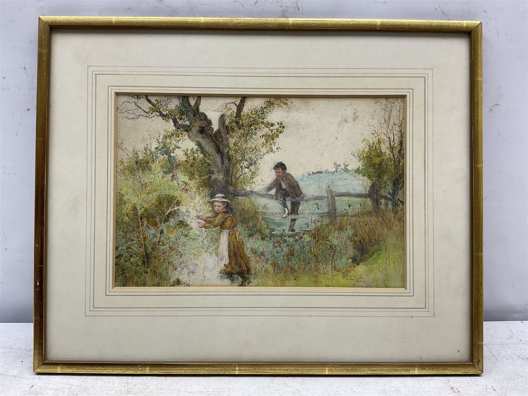 Attrib. Myles Birket Foster (Briitsh 1825-1899): Two Children Climbing a Fence, unfinished watercolour and pencil unsigned 17cm x 26cm