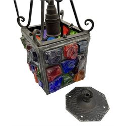 20th Century Peter Marsh Arts & Crafts wrought iron porch lantern, set with coloured panels, H36cm