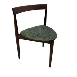 Hans Olsen for Frem Røjle - mid-20th century Danish teak 'Roundette' dining set, comprising a circular dining table raised on four tapering supports, paired with four matching chairs, each with a triangular seat upholstered in floral patterned fabric and raised on three tapering supports
