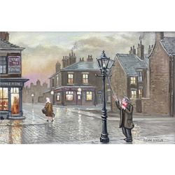 Steven Scholes (Northern British 1952-): 'Lamplighter at All Saint's -Manchester 1953', oil on canvas signed, titled verso 19cm x 29cm