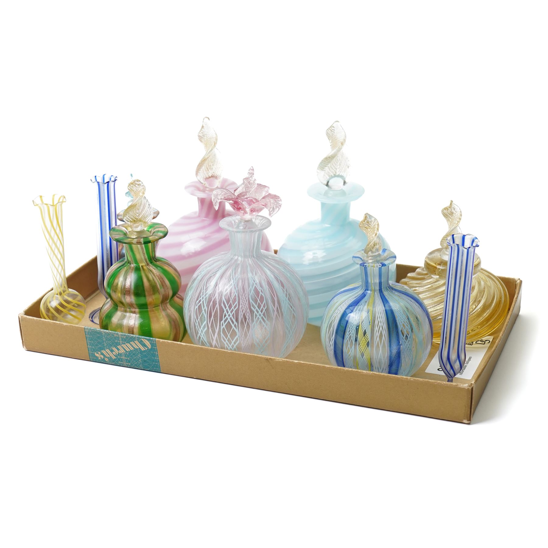 Collection of art glass colourful scent bottles, probably Murano, various with latticinio decoration, etc (10)