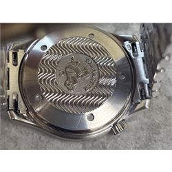 Omega Seamaster gentleman's stainless steel automatic chronometer wristwatch, Ref. 168.1623, Cal. 1120, blue wave dial, with luminous dot and baton hour markers with date aperture, unidirectional rotating blue bezel, on Omega stainless steel bracelet, with fold-over clasp, boxed