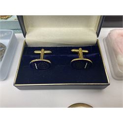 Scottish silver Ola Gorie arctic tern brooch and a matching pair of earrings, 9ct gold stud earrings, collection of costume jewellery, three wristwatches including Ingersoll and Rotary, a Freeman's Alright pocket watch and a continental silver fob watch stamped 935