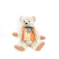 Three limited edition Robin Rive teddy bears, to include 'Charlie' a mottled grey mohair bear with brown suede pads limited edition no.24/200, 'Tim' a blonde mohair bear with orange felt waistcoat limited edition no.137/300 and one other in sequined waistcoat, two with certificate tags, tallest H48cm