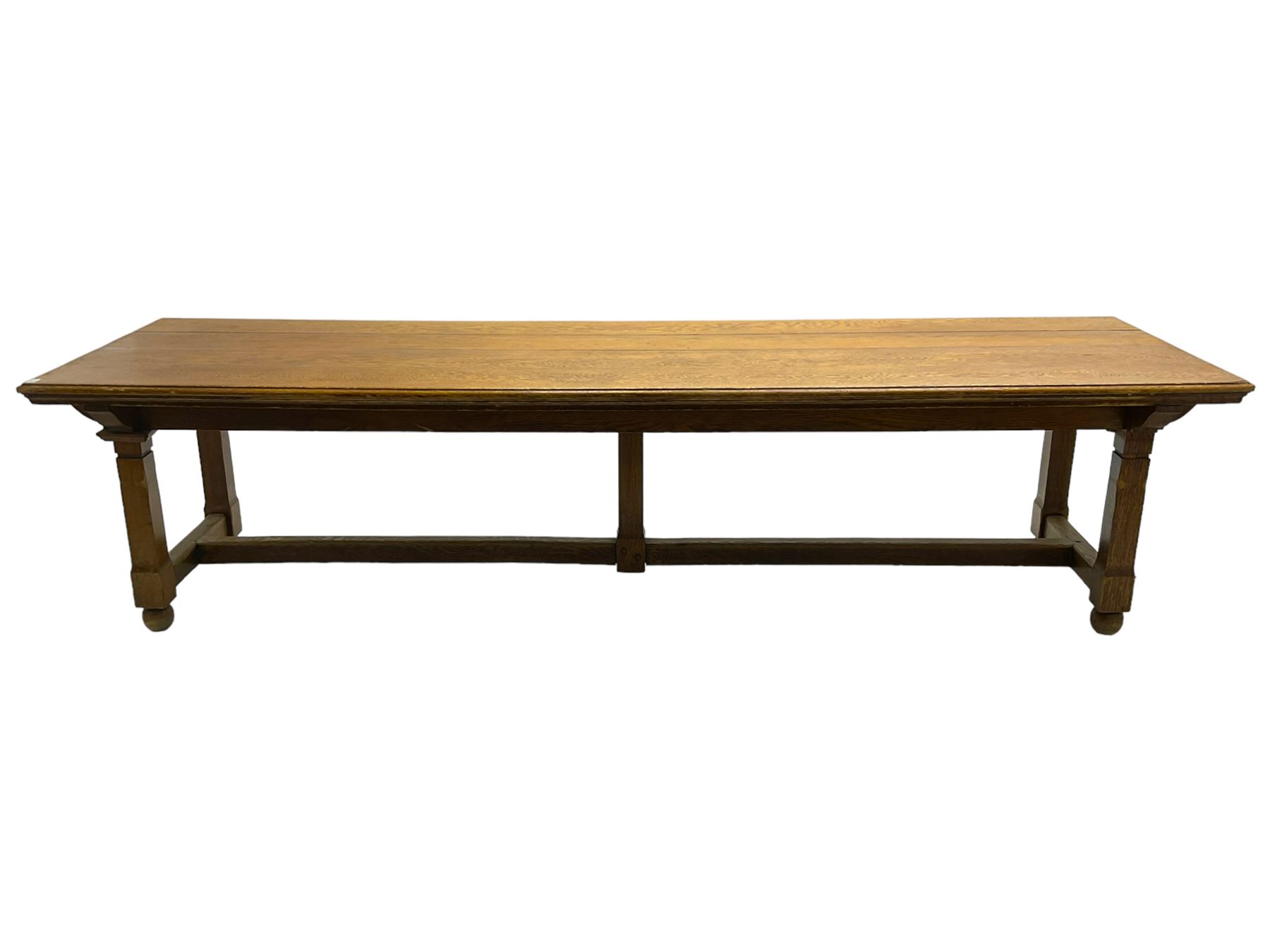 Large 19th century oak ecclesiastical refectory table, the moulded rectangular top on square supports joined by H stretchers with central upright support