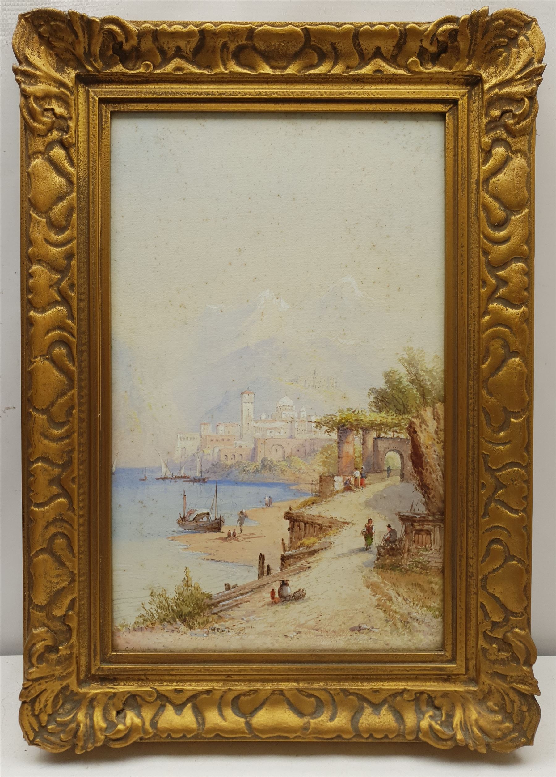 Edwin St John (British 1878-1961): Mediterranean Fortress on the Lakeside, watercolour signed 47cm x 29cm