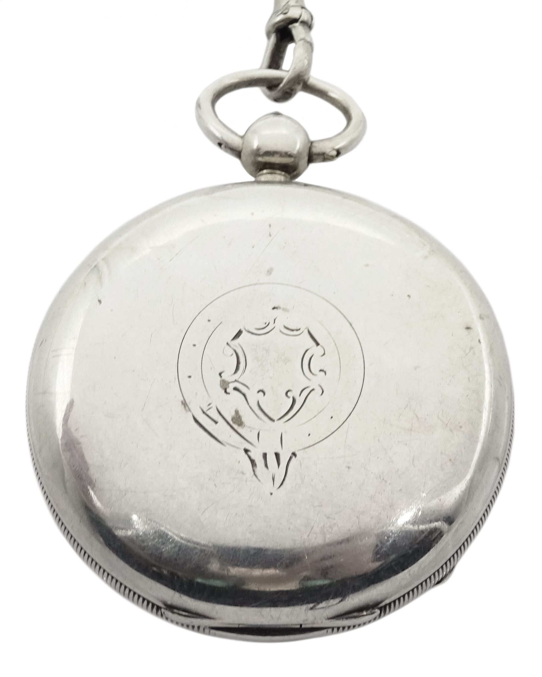 Victorian silver open face key wound pocket watch by American Watch Company, Waltham, No. 8908643, white enamel dial with Roman numerals and subsidiary seconds dial, Birmingham 1900, with silver Albert watch chain, each link hallmarked