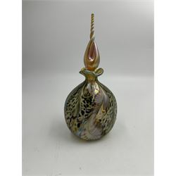 Okra scent bottle Gold Tranquility, together with two others, decorated with iridescent threads of purple threads, largest H21cm, from Richard P Golding Studio 