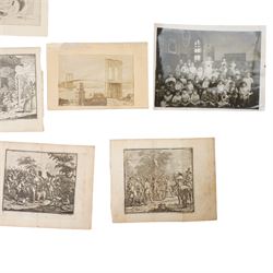 Collection of paper and photographic ephemera, to include a 19th century watercolour of a balloon flying 'near Dieppe', collection of engravings after William Hogarth, hand-coloured engraving of the Chateau de Verneuil and its garden design, etc 
