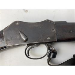 Braendlin Armoury Martini action .577/450 falling back rifle, the 85cm rifled barrel stamped Alex. Henry Edinburgh & London with two barrel bands including Yatagan bayonet side fitting and clearing rod under, with leather sling, serial no.13332, L126cm (NB. Firing pin broken). 