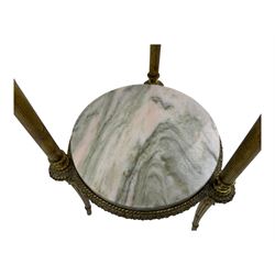 Late 20th century cast gilt metal and marble two-tier stand, pink and grey marble top and undertier, the base decorated with floral garlands, on reed moulded supports with splayed terminals 