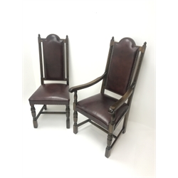  Old Charm oak drawer leaf dining table, carved cup and cover supports on shaped sledge feet joined by single stretcher (W275cm extended, 183cm closed, H76cm, D108cm) and set eight (6+2)  chairs, arched cresting rail with finials, studded leather back and seat, cup and cover supports joined by stretchers (W  