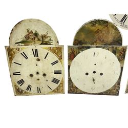 Four 13” painted 19th-century break arch longcase clock dials with one circular 12” American wall clock dial, plus two 11” and one 10” 18th-century brass longcase dials.
