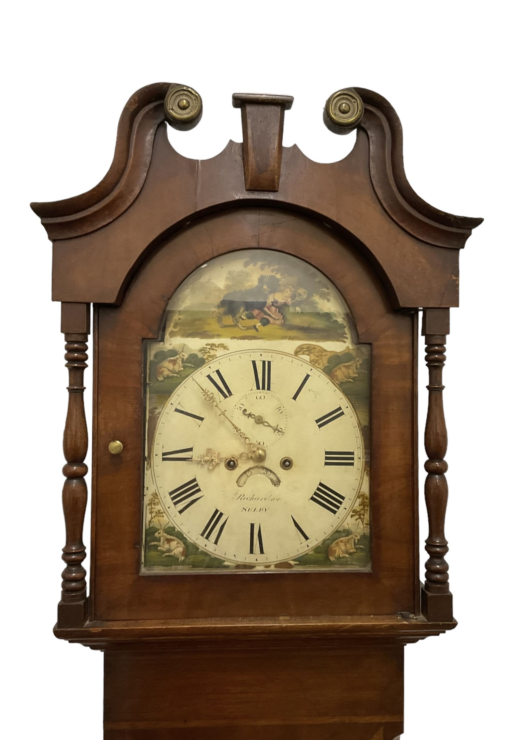 Richardson of Selby - late 19th century oak and mahogany longcase clock c 1860, with a swan necked pediment and brass paterie, break arch hood door flanked by ring turned pilasters,  oak trunk with crossbanding and a small inlaid trunk door, tall plinth with panel inlay with a shaped base,
painted dial with depictions of matching farm animals to the spandrels and a dog and small child to the arch, with Roman numerals, minute track, stamped brass hands, calendar aperture and seconds dial, weight driven rack striking movement, striking the hours on a bell. With weights and pendulum.