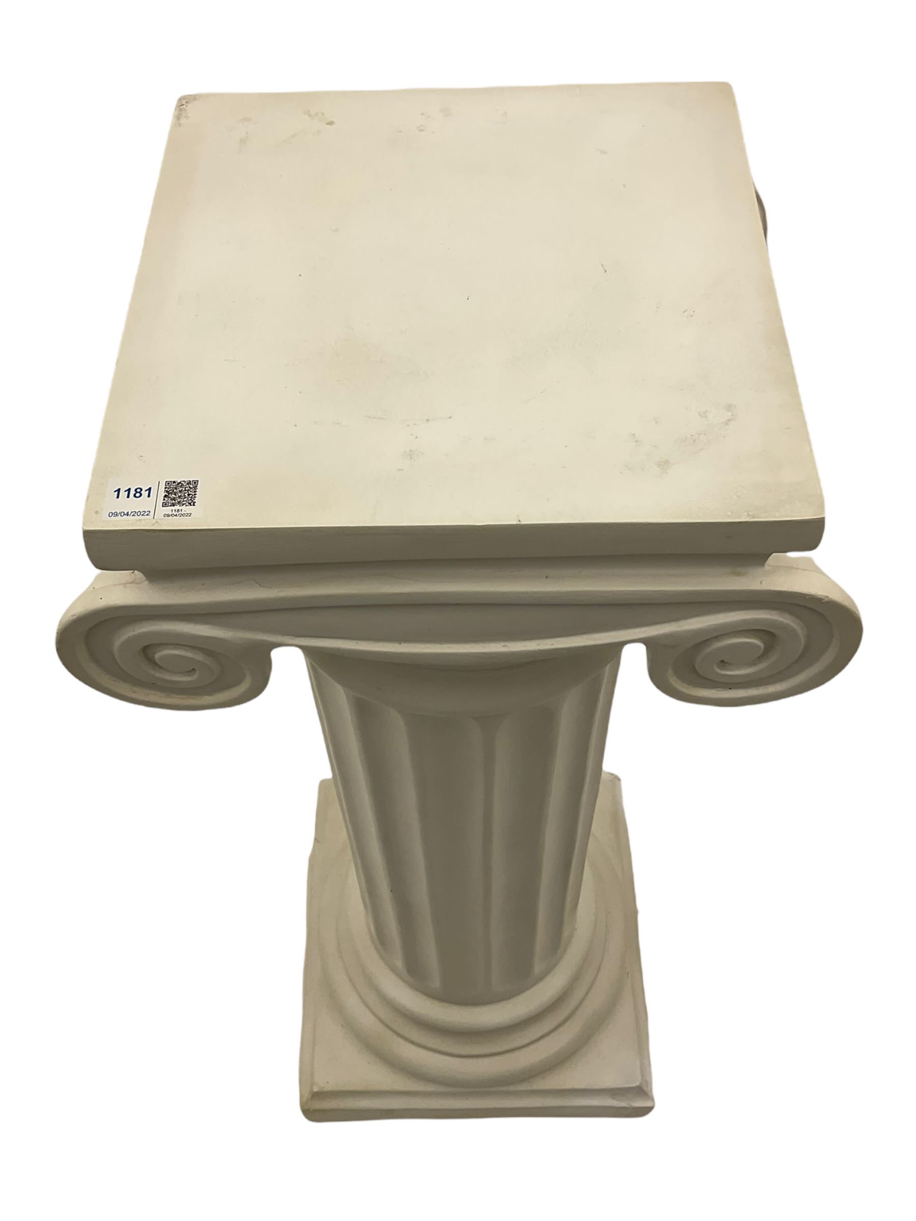 Classical Ionic style column in white finish with scrolled capital, fluted body on moulded plinth base (H97cm), and a similar small column stand (H68cm)