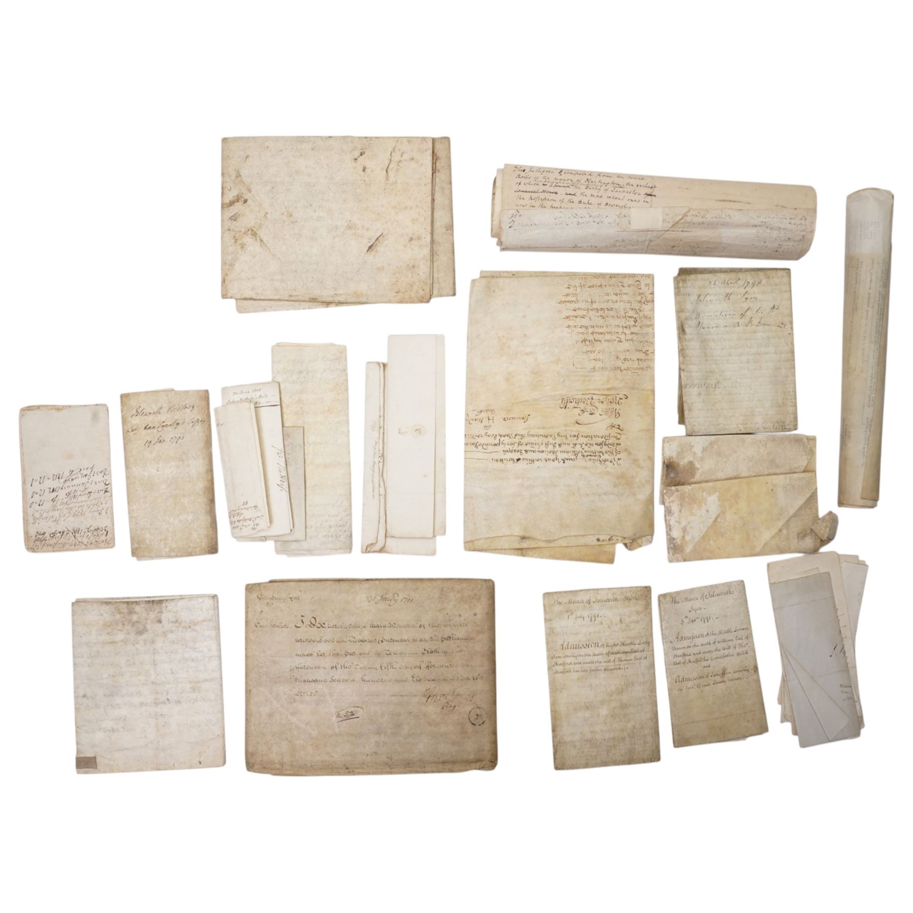 18th century Indenture between Thomas Hyde and Tobias Hodgson of London, framed 37cm x 48cm, 18th century Admission of Rt. Hon. Lady Ann Conolly, the Manor of Isleworth, July 1791, Queen Anne indenture and various others