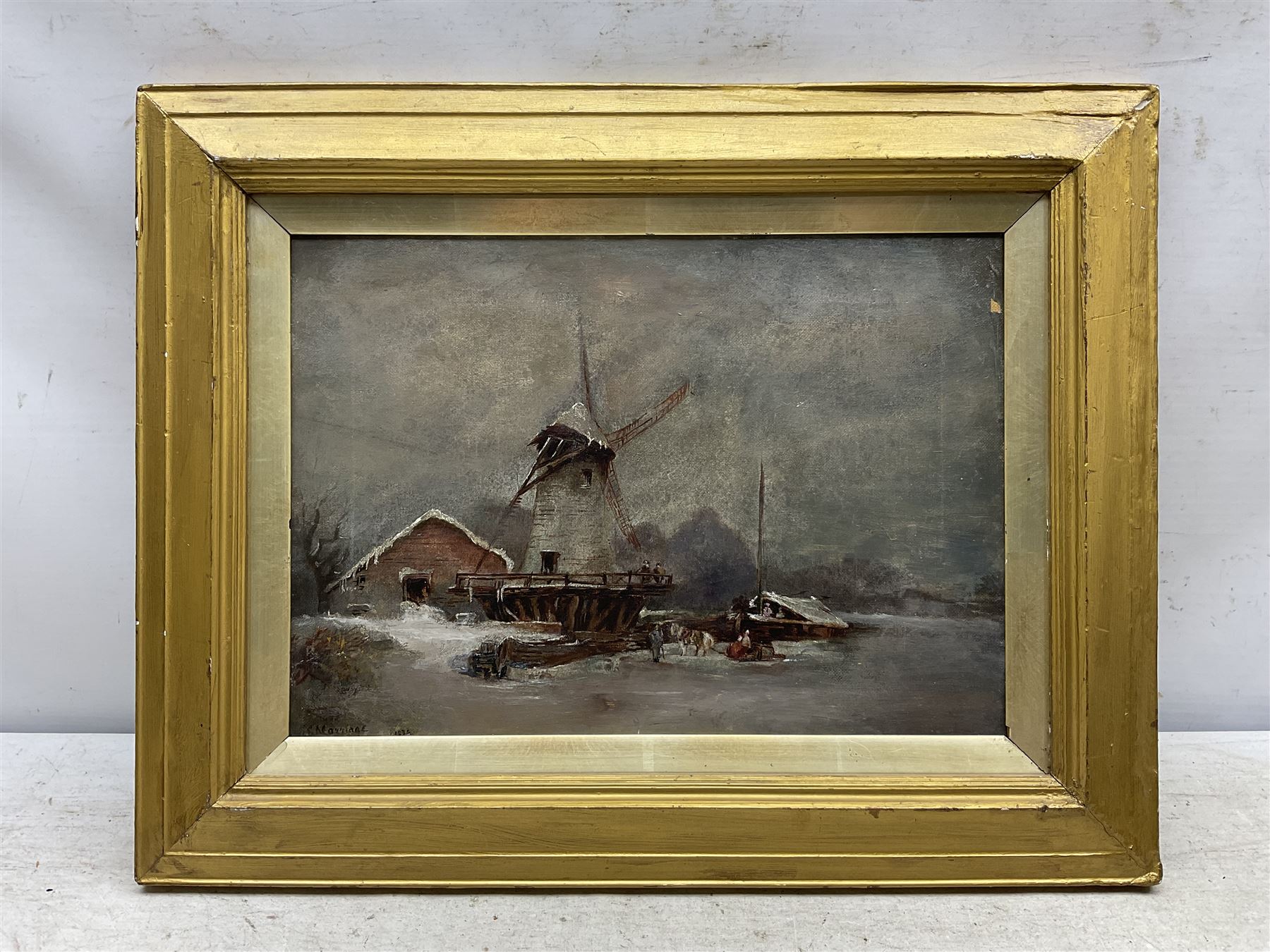 Dutch School (19th Century): Windmill and Frozen Lake, oil on canvas indistinctly signed 'S E Marriag*' and dated 1834, 24cm x 34cm 
