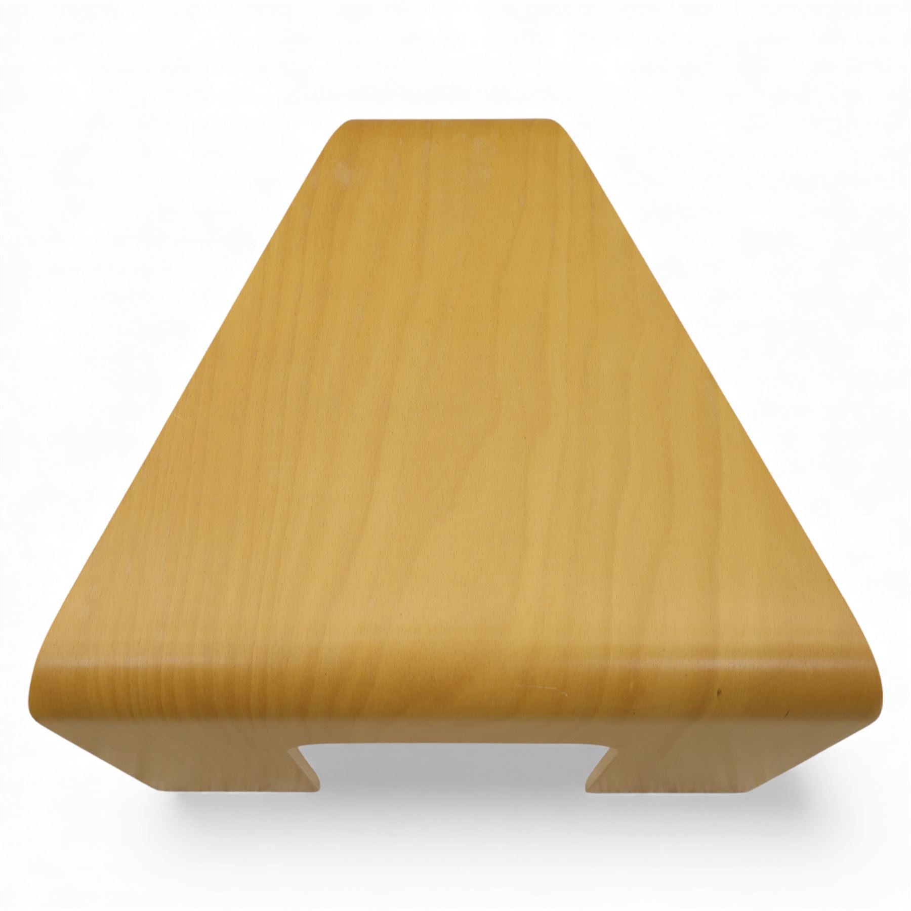Ekornes - beech and plywood corner table, single folded ply panel forming a continuous top and supports