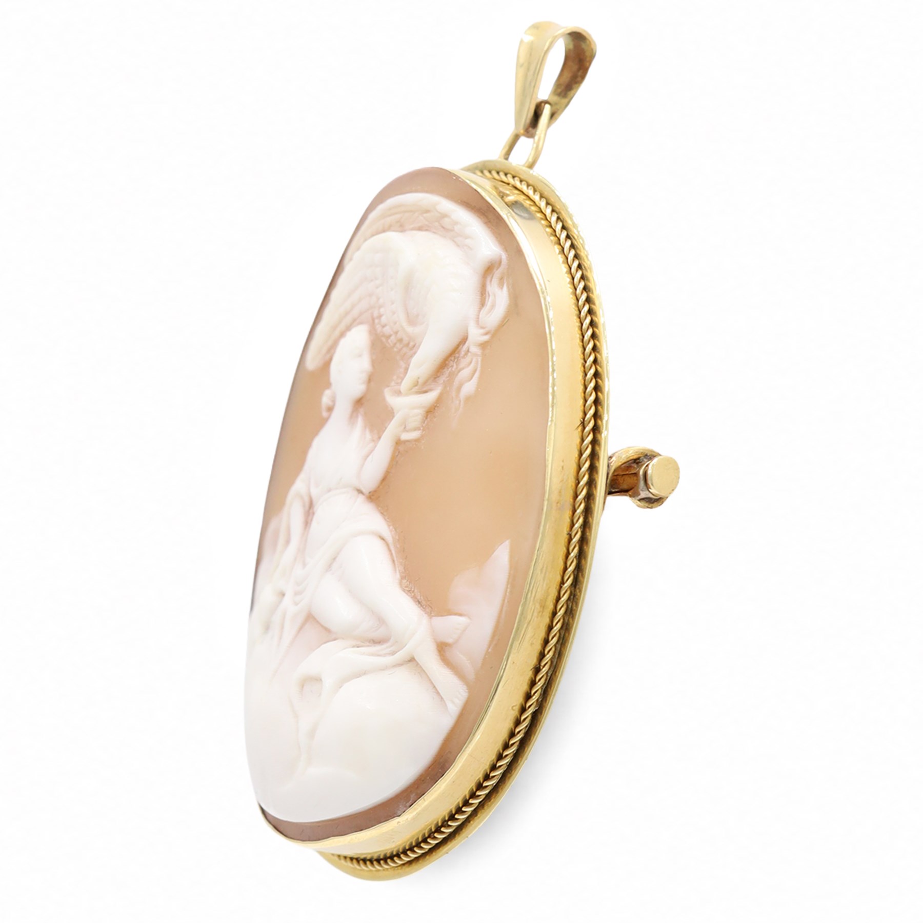 Early 20th century gold cameo pendant / brooch, depicting depicting Hebe, the goddess of youth, feeding Zeus's eagle