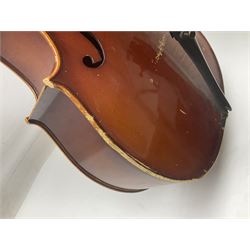 Two student half-size cellos - Boosey & Hawkes Artia with 65cm one-piece back and spruce top; bears maker's label; L104cm overall; and Romanian with 65.5cm two-piece maple back and ribs and spruce top; bears label; L108.5cm overall; each in soft carrying case with two bows (2)