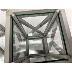 Two wooden lanterns with four glass sides, loop handles and open tops, largest example 58cm