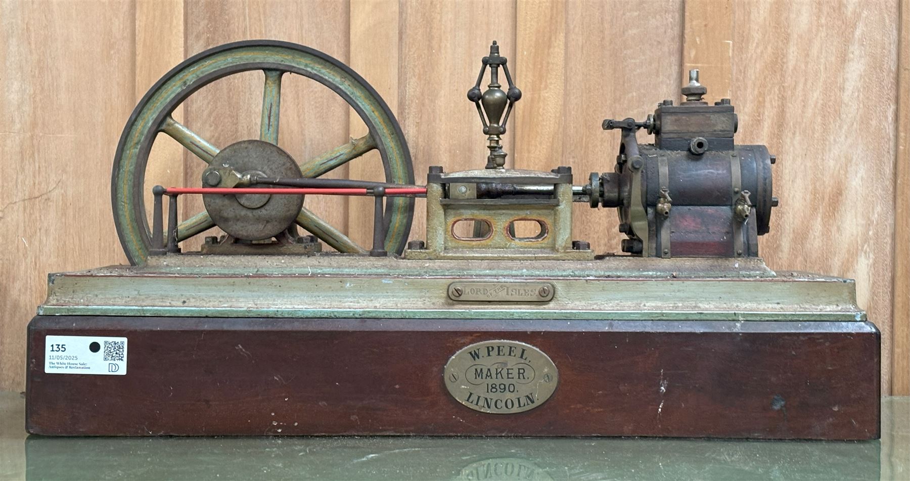 Substantial apprentice made model steam mill engine, by W.Peel, Lincoln,  dated 1890 and named 'Lord of the Isles' with wood lagged cylinder, turns over freely. L68cm. 