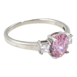 9ct white gold three stone oval pink stone and cubic zirconia ring, hallmarked