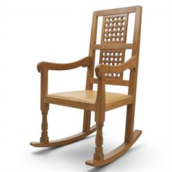 Mouseman - oak rocking chair, high lattice back, carved Mouse signature, by Robert Thompson's of Kilburn