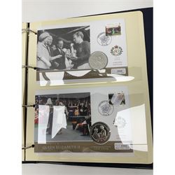 Stamp and coin covers, including 2006 'Her Majesty Queen Elizabeth II 80th Birthday' containing five pounds coin, first day covers relating to Diana Princess of Wales etc, housed in a ring binder folder
