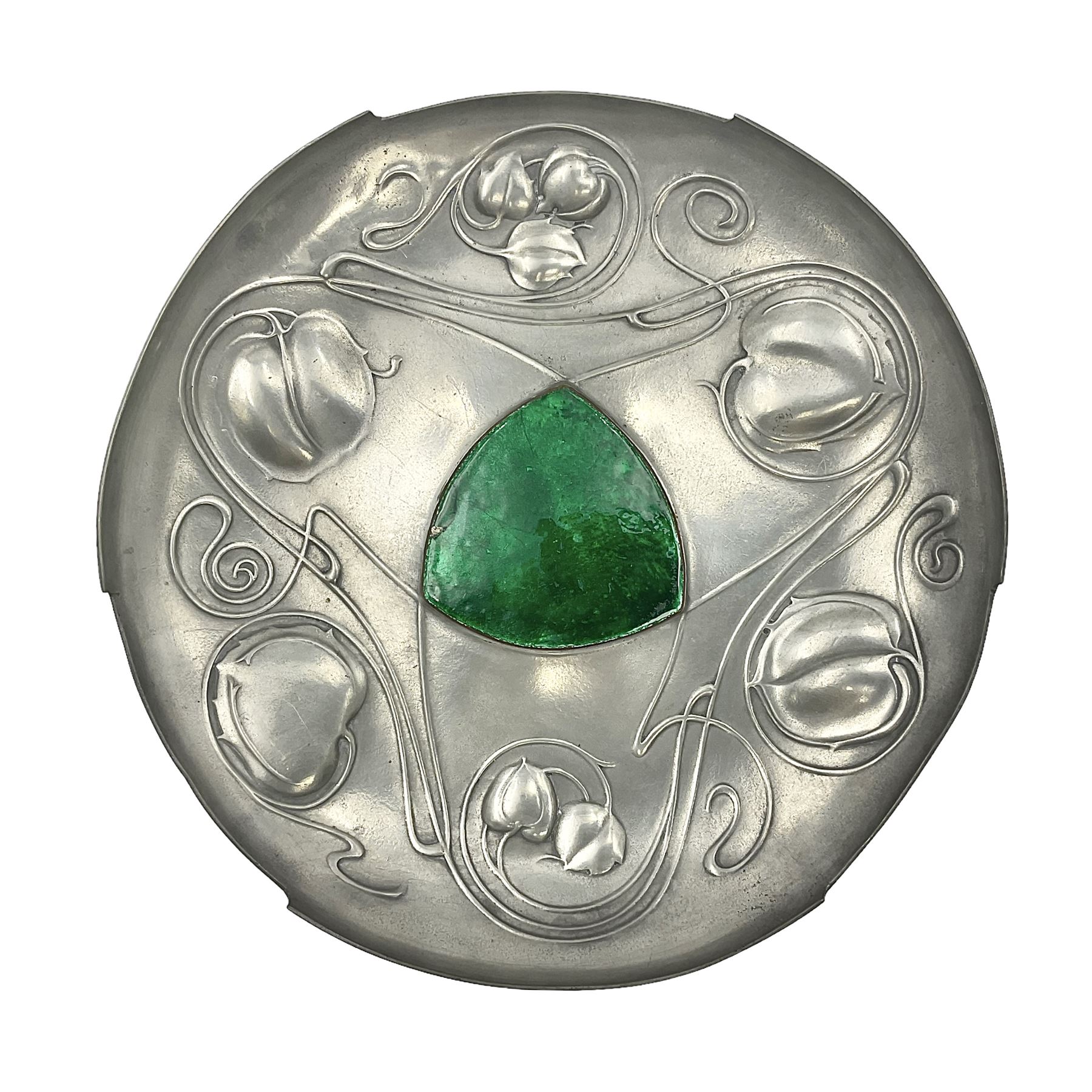 Liberty & Co Tudric pewter Bollelin tray, designed by Archibald Knox, of circular form with shaped edge, cast in relief with foliate tendrils surrounding a green enamel cartouche, impressed beneath Made by Library & Co English Pewter 044, D25.5cm