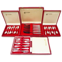  Set of six silver dessert forks, set of twelve teaspoons by Cooper Brothers & Sons Ltd, Sheffield 1972/78 and set of six stainless steel dessert knives, with silver handles by the same maker, approx 10.8oz weighable silver, all boxed   
