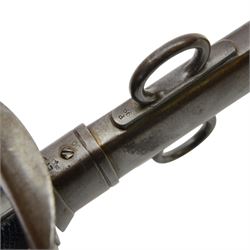 British 17th Lancers, Duke of Cambridge Own, 1899 cavalry sword, with L83cm single-edged slightly curved blade, top of blade etched '30E', broad sheet steel bowl hilt with chequered black leather grip scales, the steel two ring scabbard engraved 2/09 O.T.C , overall L104cm