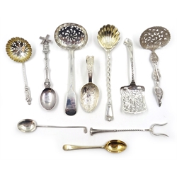 Edwardian 'Hey Diddle Diddle' nursery rhyme silver spoon, golf prize spoon 1913, Victorian milk/tea strainers, windmill spoon stamped 90 etc 5.2oz