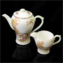 Shelley Heather pattern coffee service for six, including coffee pot, milk jug, two open sucrier, coffee cups and saucers, tea cups and saucers, etc
