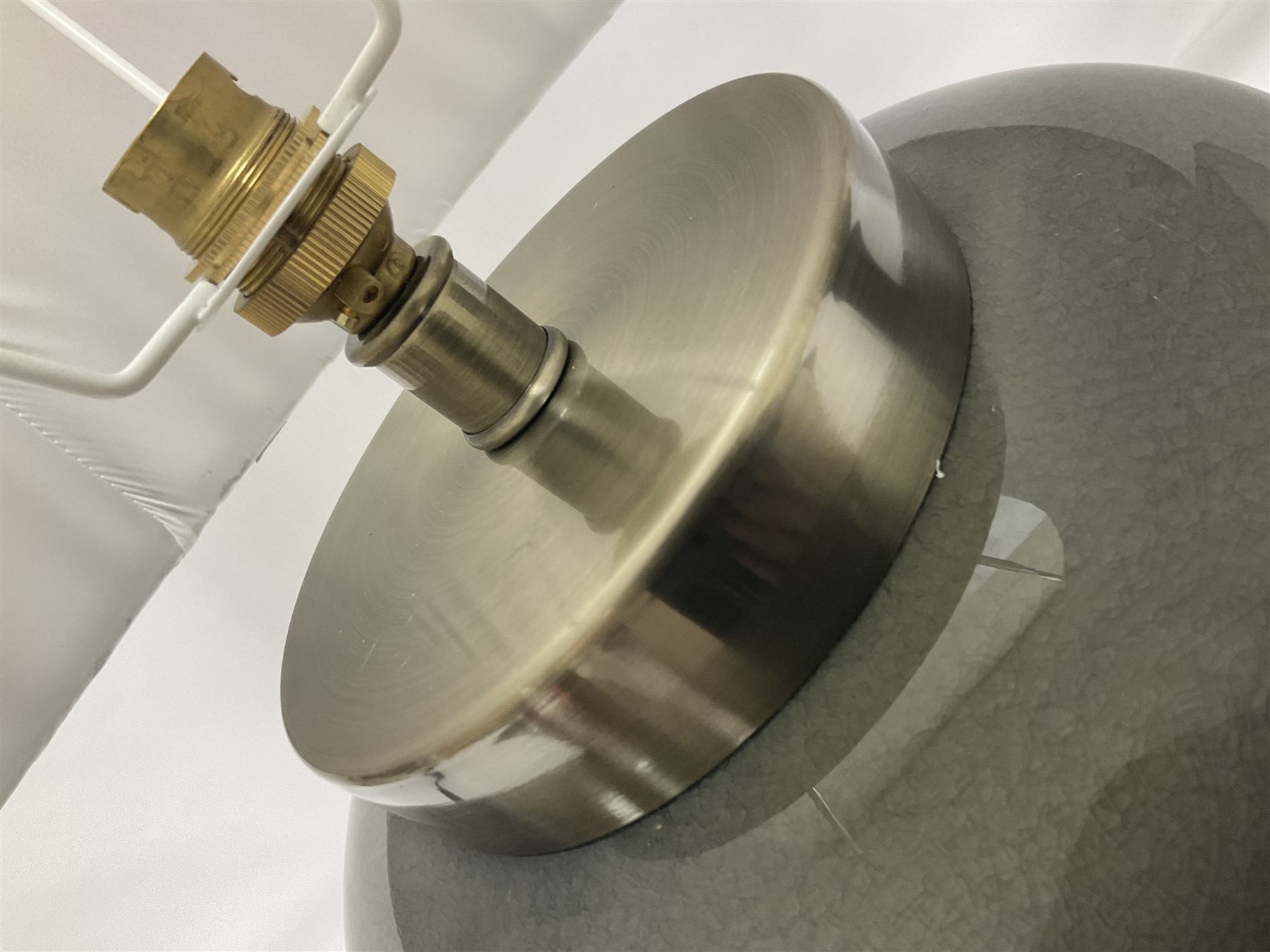 Pair of table lamps of squat baluster form, with a crackle glaze to a dark grey ground, upon a square base, including shade H57cm