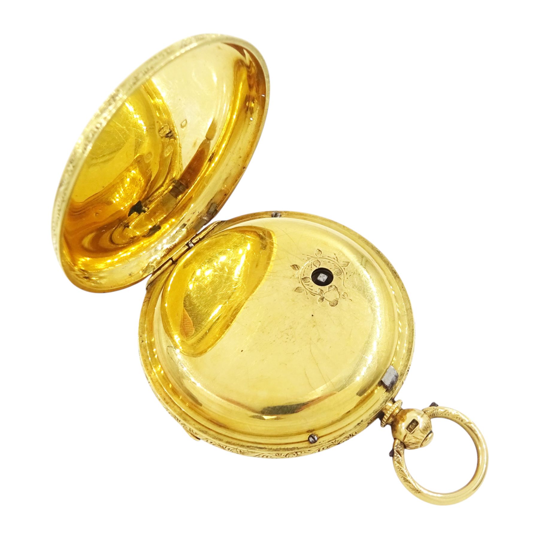 Victorian 18ct gold open face key wound lever pocket watch, No. 33202, gilt dial with Roman numeral hour markers, engraved foliate case with empty cartouche, case makers mark A W, London 1871