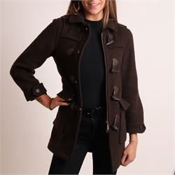 Barbour and Aquascutum - three ladies’ coats, comprising a Barbour Classic Duffle in dark brown wool blend with toggle fastenings and signature tartan lining, size UK 8, together with two Aquascutum herringbone wool coats, each double-breasted and fully lined, both bearing Regent Street London labels (3)