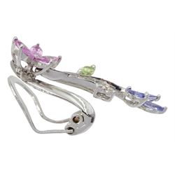 Pair of 18ct white gold flower pendant clip on earrings, set with pink sapphire, diamond, peridot and tanzanite