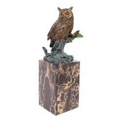 Cold painted bronze figure, modelled as an owl perched upon a tree stump signed Milo and w...