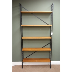  Laddarax single bay bookcase, eleven teak finish shelves, black painted frame, W94cm, H201cm, D21cm  